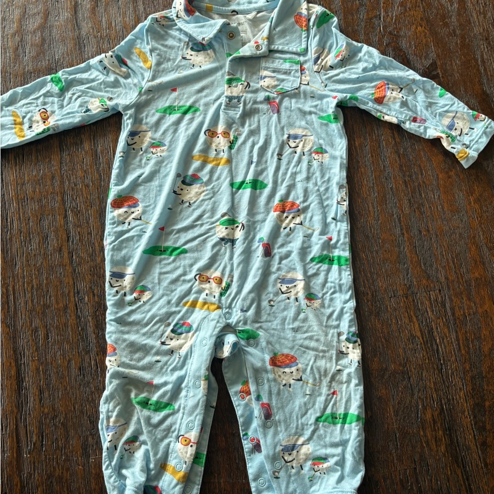 Adorable Blue Kids One Piece with golf ball golfer print